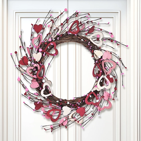 Ghirlanda per Porta a Forma di Cuore San Valentino Con Cuori in Legno e Bacche per Proposta Matrimonio Casa Festa Decorazione