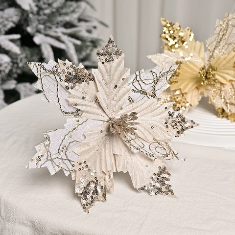 Christmas Poinsettia Artificial Flower With Sequins Velvet Fabric Glitter Xmas Tree Ornaments For Holiday Home Party Decor