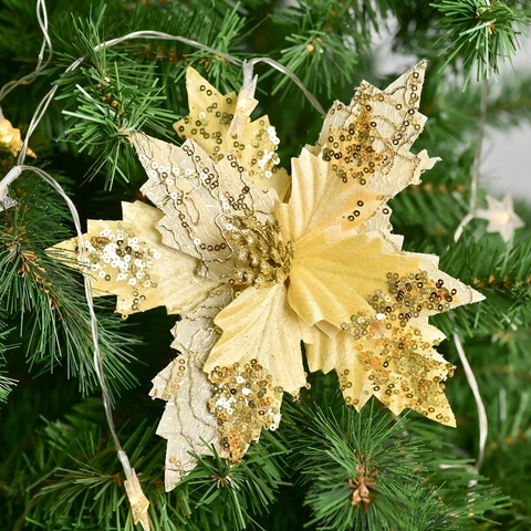 Christmas Poinsettia Artificial Flower With Sequins Velvet Fabric Glitter Xmas Tree Ornaments For Holiday Home Party Decor