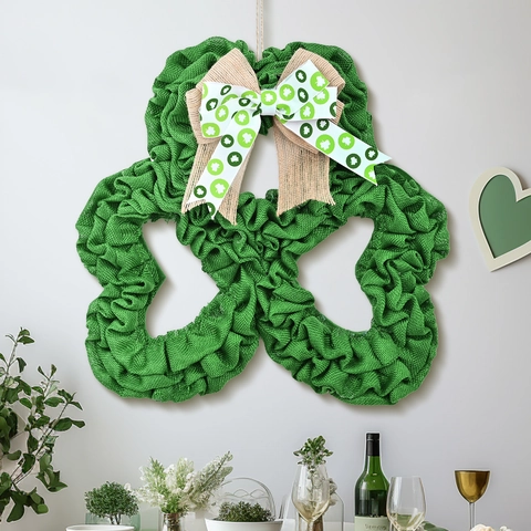 St Patrick's Day Kleeblatt Kranz Grün Sackleinen Türbehang Dekoration Mit Schleife Rustikal Festlich Urlaub Ornament