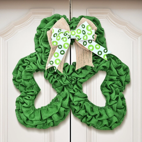 St Patrick's Day Kleeblatt Kranz Grün Sackleinen Türbehang Dekoration Mit Schleife Rustikal Festlich Urlaub Ornament
