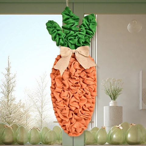 Couronne de Carotte de Pâques à Suspendre Porte en Tissu Plissé Décoration Murale avec Nœud Rustique Printemps