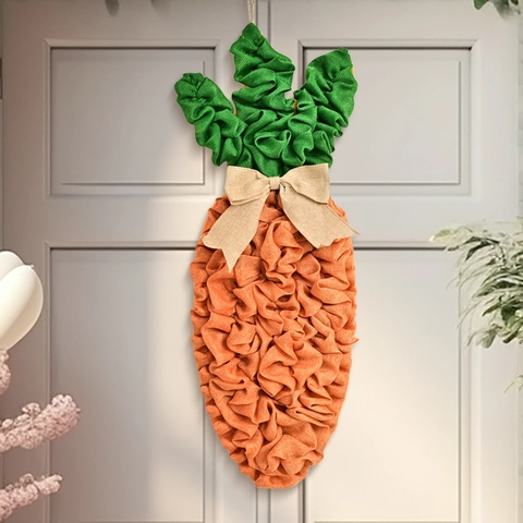 Couronne de Carotte de Pâques à Suspendre Porte en Tissu Plissé Décoration Murale avec Nœud Rustique Printemps