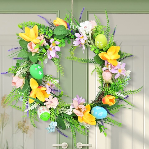 Ghirlanda di Pasqua Artificiale Con Uova Dipinte Colorate Tulipani Gialli Gigli Rosa Foglie Verdi Per Decorazione Porta
