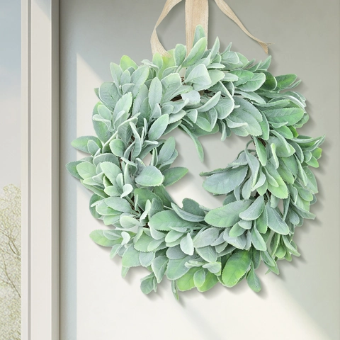 Artificial Flocked Lamb's Ear Wreath With Burlap Bow Sage Green Plastic Foliage Garland For Front Door Home Wall Decor