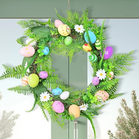 Ghirlanda di Pasqua Foglie di Felce Artificiali Margherita Uova Colorate Dipinte Festa di Primavera Appeso a Parete Decorazione Casa