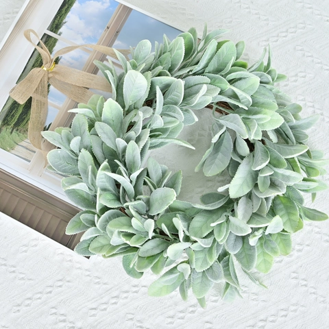 Artificial Flocked Lamb's Ear Wreath With Burlap Bow Sage Green Plastic Foliage Garland For Front Door Home Wall Decor