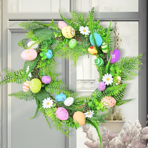 Ghirlanda di Pasqua Foglie di Felce Artificiali Margherita Uova Colorate Dipinte Festa di Primavera Appeso a Parete Decorazione Casa