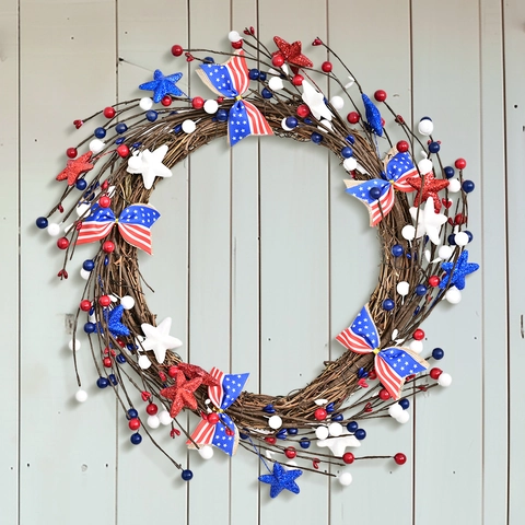 Couronne Jour Indépendance US Baies Rouges Blanches Bleues Étoiles Scintillantes Nœud Base Fer Décoration de Porte Patriotique