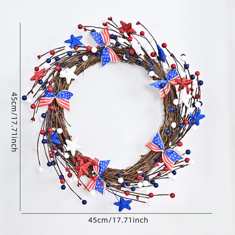 Couronne Jour Indépendance US Baies Rouges Blanches Bleues Étoiles Scintillantes Nœud Base Fer Décoration de Porte Patriotique
