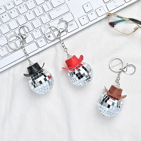 Retro Disco Ball Cowboy Hat Keychain Mirror Reflective Glass Ball Car Hanging Ornament Home Party Decoration Accessories