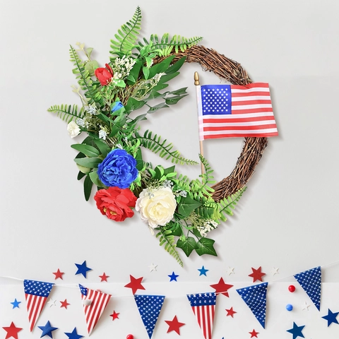 Independence Day Wreath Fourth Of July Door Decoration Red White Blue Wreaths With Stars Stripes Bow Burlap Rattan Flower Garland For Front Door Wall Porch American National Day Party Ornaments