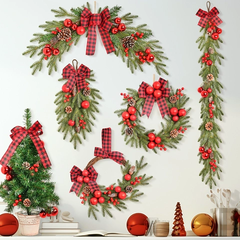 Artificial Christmas Pine Needle Swag Wreath Mini Tree With Red Berries Pine Cones Buffalo Plaid Bow For Home Door Decoration