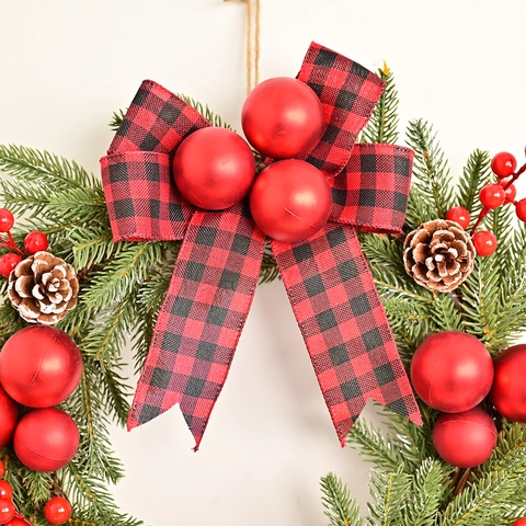 Artificial Christmas Pine Needle Swag Wreath Mini Tree With Red Berries Pine Cones Buffalo Plaid Bow For Home Door Decoration