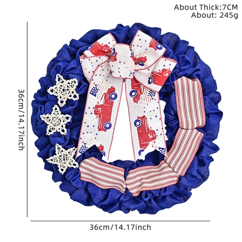 Patriotic Independence Day Burlap Wreath With Red Truck Bow White Stars Red White Blue American Flag Theme Door Decor