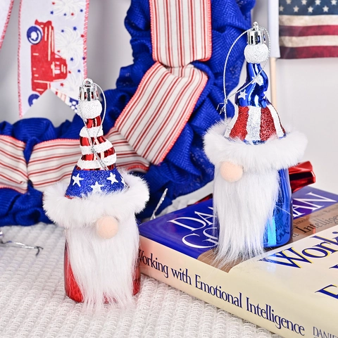 Gnomi Patriottici del Giorno dell'Indipendenza Ornamenti del 4 Luglio Bandiera Americana Stella Strisce Paillettes Barba in Pelliccia Sintetica Decorazione Sospesa