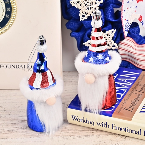 Gnomi Patriottici del Giorno dell'Indipendenza Ornamenti del 4 Luglio Bandiera Americana Stella Strisce Paillettes Barba in Pelliccia Sintetica Decorazione Sospesa