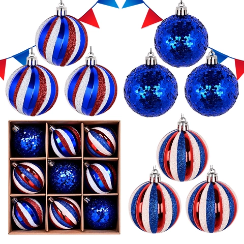 Ornamenti a Sfera a Tema Bandiera Americana per il Giorno dell'Indipendenza Rosso Bianco Blu a Strisce Glitter Decorazione Appesa