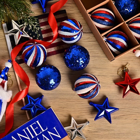 Ornamenti a Sfera a Tema Bandiera Americana per il Giorno dell'Indipendenza Rosso Bianco Blu a Strisce Glitter Decorazione Appesa