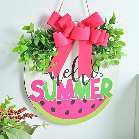 Summer Watermelon Welcome Sign Resin Round Door Hanging With Pink Bow Artificial Greenery For Porch Home Decoration