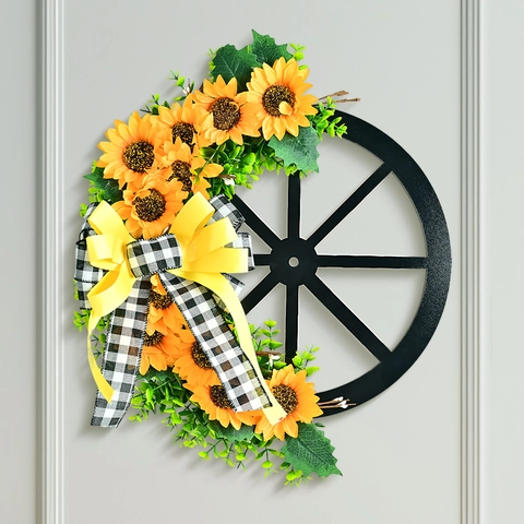 Ghirlanda a Ruota di Carro con Girasoli Gialli Artificiali e Fiocco a Scacchi Decorazione Rustica Pastorale da Parete Porta