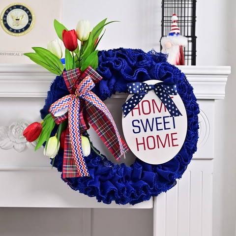 Ghirlanda di Tulipani per l'Indipendenza Americana Home Sweet Home Insegna in Legno Rosso Bianco Blu Decorazione