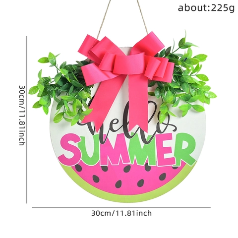 Summer Watermelon Welcome Sign Resin Round Door Hanging With Pink Bow Artificial Greenery For Porch Home Decoration