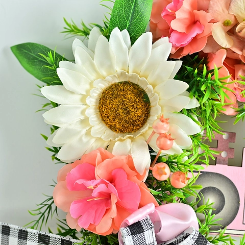 Ganzjahres Sonnenblume Rosa LKW Kranz Künstliches Grün Büffel Karo Schleife Kranz Für Haustür Veranda Home Dekor