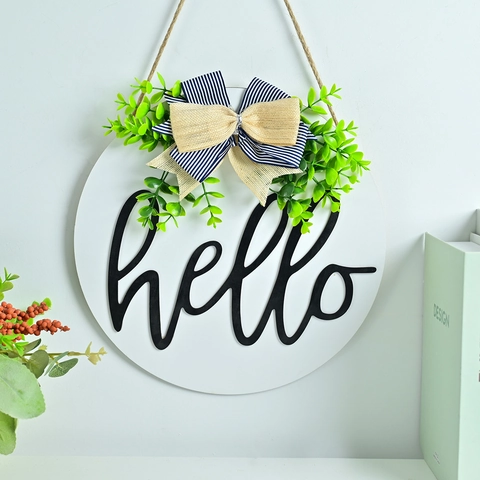 Targa Pastorale Hello Welcome da Appendere Alla Porta in Legno Con Ghirlanda Floreale e Fiocco per la Decorazione Della Parete di Casa