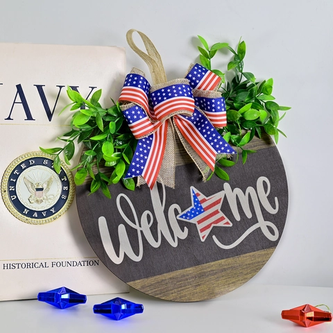 Decorazione da Porta Giorno dell'Indipendenza Insegna Welcome Legno Fiocco Lino Bandiera USA Verde Artificiale Ghirlanda 4 Luglio