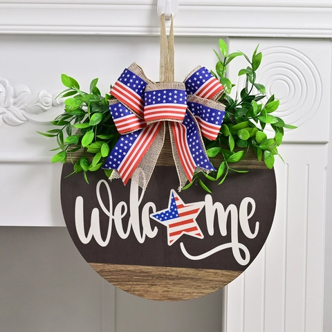 Decorazione da Porta Giorno dell'Indipendenza Insegna Welcome Legno Fiocco Lino Bandiera USA Verde Artificiale Ghirlanda 4 Luglio