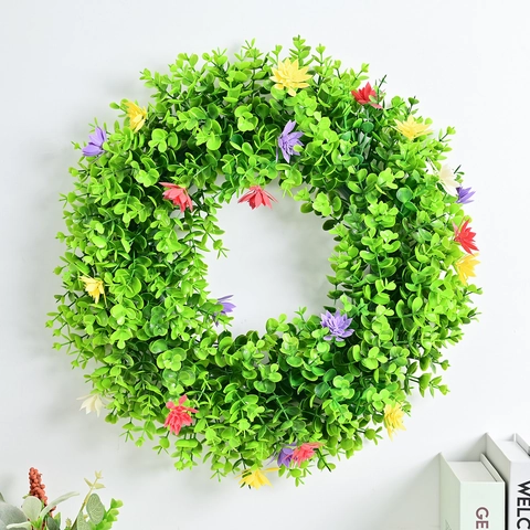 Pastoral Style Artificial Flower Wreath With Green Leaves And Colorful Flowers For Front Door Wall Hanging Home Garden Decoration