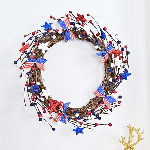 Corona de Puerta Patriótica de Plástico Rojo Blanco Azul Baya Estrella Lazo Decoración Para El Día de la Independencia Fiesta Casa