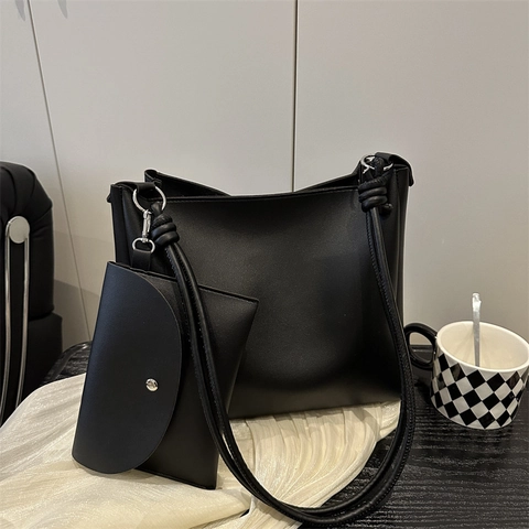 Juego de Bolso Tote de Cuero PU Simple Retro de Color Sólido Con Subbolso Para Mujer Bolso de Hombro Versátil Diario