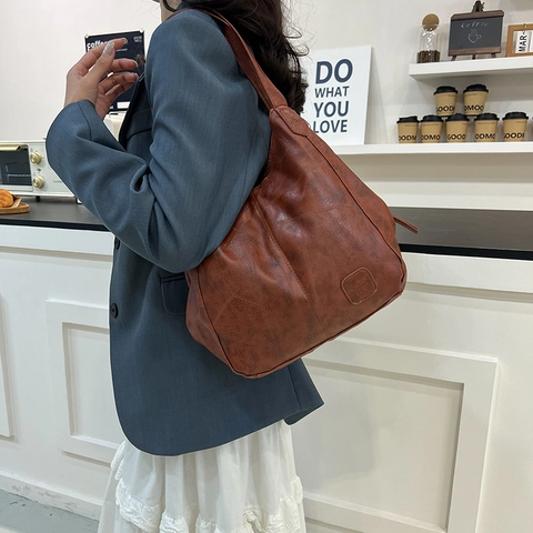 Bolso Tote de Cuero PU de Gran Capacidad Vintage para Mujer Bolso de Hombro de Patchwork Retro Casual Diario Color Sólido