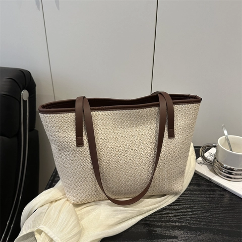 Bolso Tote de Paja Tejida de Gran Capacidad para Mujer Bolso de Hombro Pastoral Minimalista de Verano Bolso de Mano Informal de Color Sólido