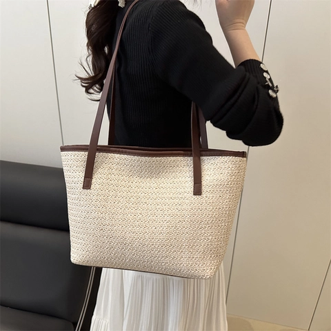 Bolso Tote de Paja Tejida de Gran Capacidad para Mujer Bolso de Hombro Pastoral Minimalista de Verano Bolso de Mano Informal de Color Sólido