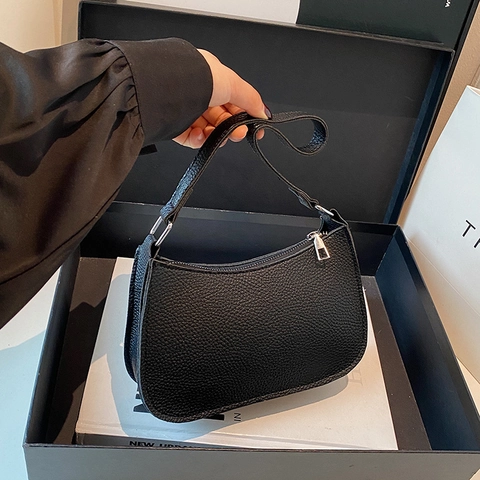 Women Minimalist PU Leather Underarm Bag Fashion Crescent Hobo Bag Solid Color Litchi Pattern Shoulder Bag For Commuting