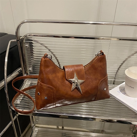 Vintage Star Buckle PU Leather Crossbody Bag For Women Y2K Style Shoulder Tote Bag Solid Color Casual Fashion Handbag