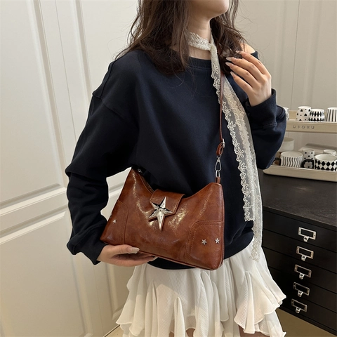 Vintage Star Buckle PU Leather Crossbody Bag For Women Y2K Style Shoulder Tote Bag Solid Color Casual Fashion Handbag