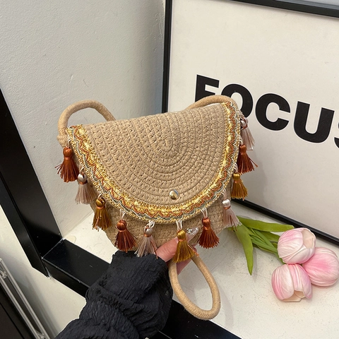 Bohemian Woven Tassel Crossbody Bag For Women Ethnic Style Straw Messenger Bag Handmade Small Shoulder Bag For Vacation Beach