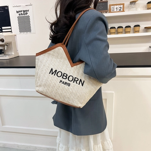 Bolso de Compras Tejido de Moda para Mujer Gran Capacidad Estilo Francés Bolso de Hombro Bordado Moborn Paris Forro Poliéster