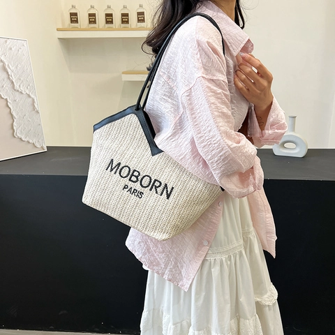 Bolso de Mano Tejido de Paja para Mujer Bordado de Letras MOBORN PARIS Apertura en V Bolso de Axila Casual Playa Viaje Grande