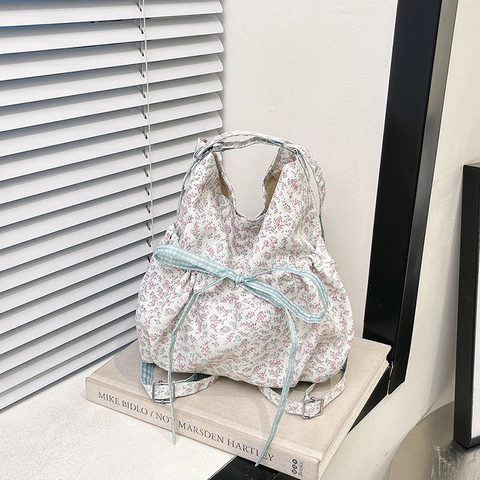 Damen Blumendruck Nylon Handtasche Süße Schleifenknoten Kleine Umhängetasche Lässige Frische Pastorale Stil Mode Rucksack