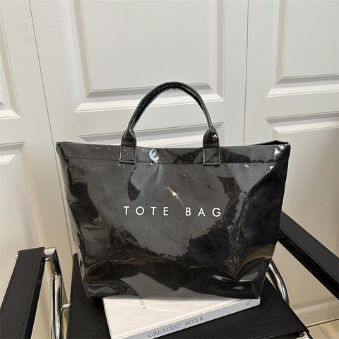 Women Large Capacity Glossy Pleated Tote Bag Waterproof Synthetic Material Letter Print Handbag Casual Fashion Shopping Bag