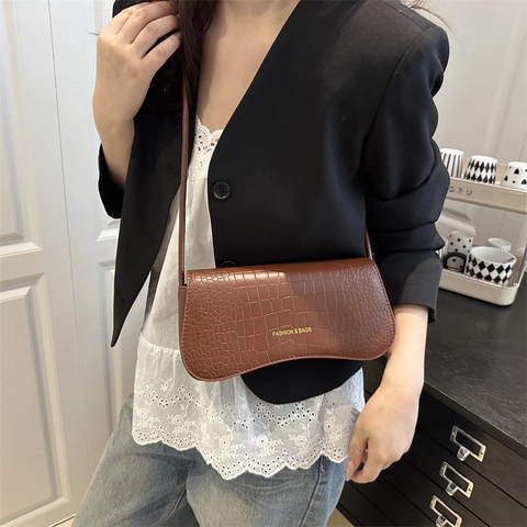Sac Sous l'Aisselle en Cuir PU Motif Crocodile pour Femmes Sac Bandoulière Mode Couleur Unie Carré Navetteur Main