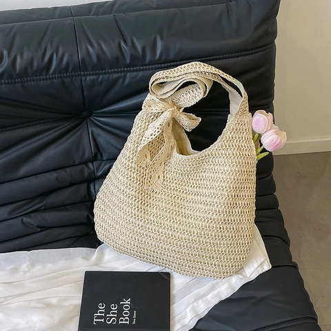 Damen Große Gewebte Stroh Tote Schultertasche Sommer Strand Handtasche Mit Romantischer Spitzenschleife Lässige Hobo Tasche