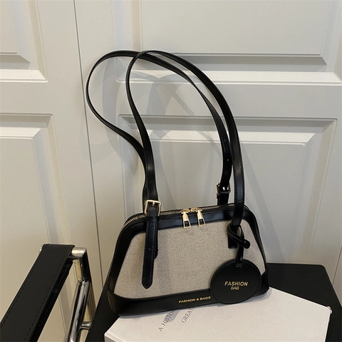 Bolso de Hombro de Patchwork Retro para Mujer Lona Cuero Sintético Color de Contraste Bolso Tote Con Colgante Redondo