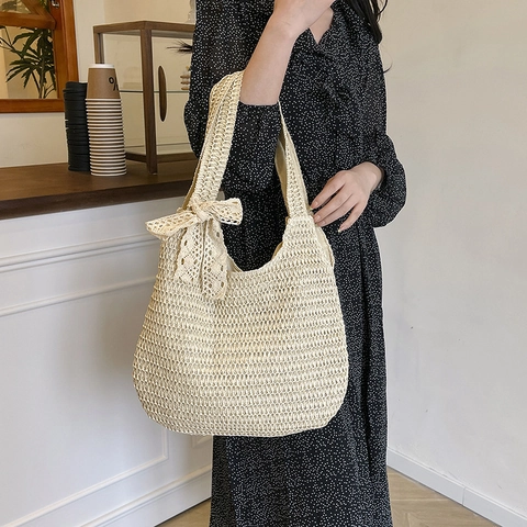 Damen Große Gewebte Stroh Tote Schultertasche Sommer Strand Handtasche Mit Romantischer Spitzenschleife Lässige Hobo Tasche
