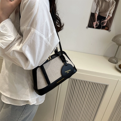 Bolso de Hombro de Patchwork Retro para Mujer Lona Cuero Sintético Color de Contraste Bolso Tote Con Colgante Redondo